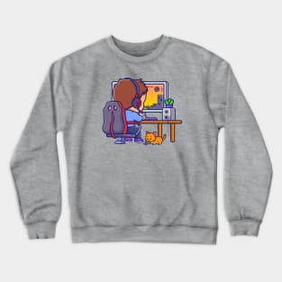 Cute Boy Gamer Playing Game On Computer Cartoon Crewneck Sweatshirt